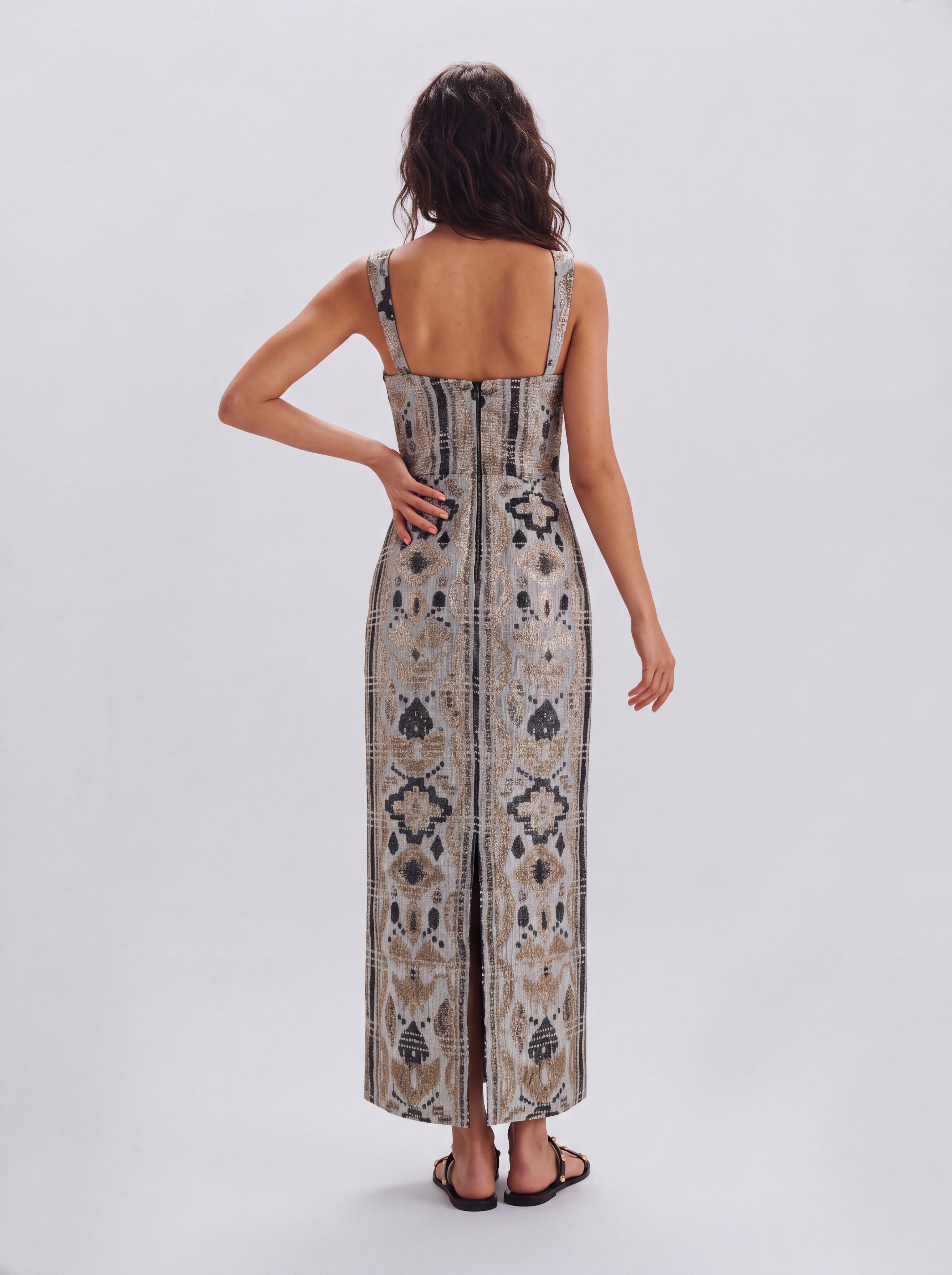 Bohemian Jacquard Square-Collar Cutout Tight Waist Mid-Length Sling Dress