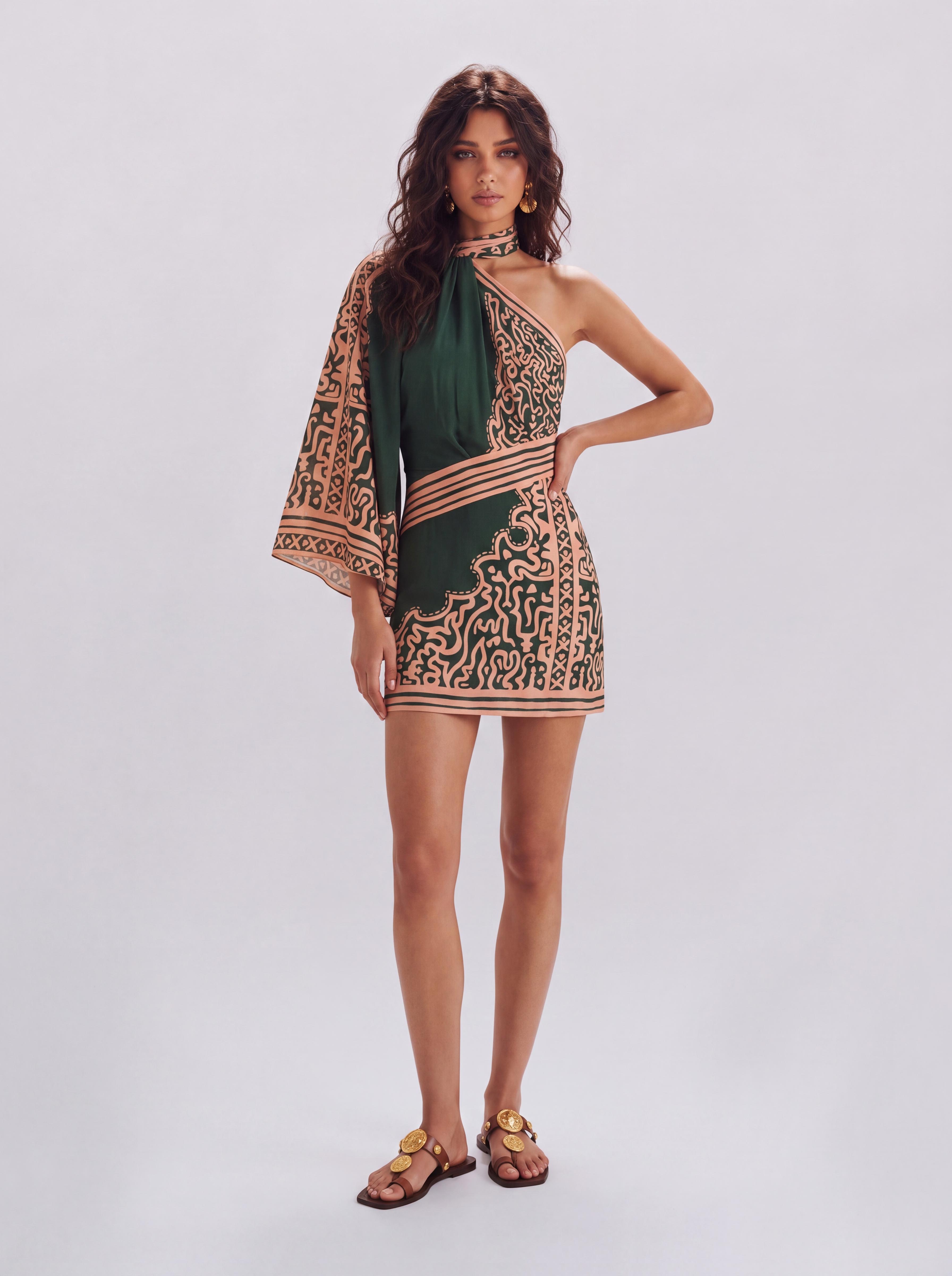 Vintage Ethnic Printed Neck Single Bell Sleeve Tight Short Dress