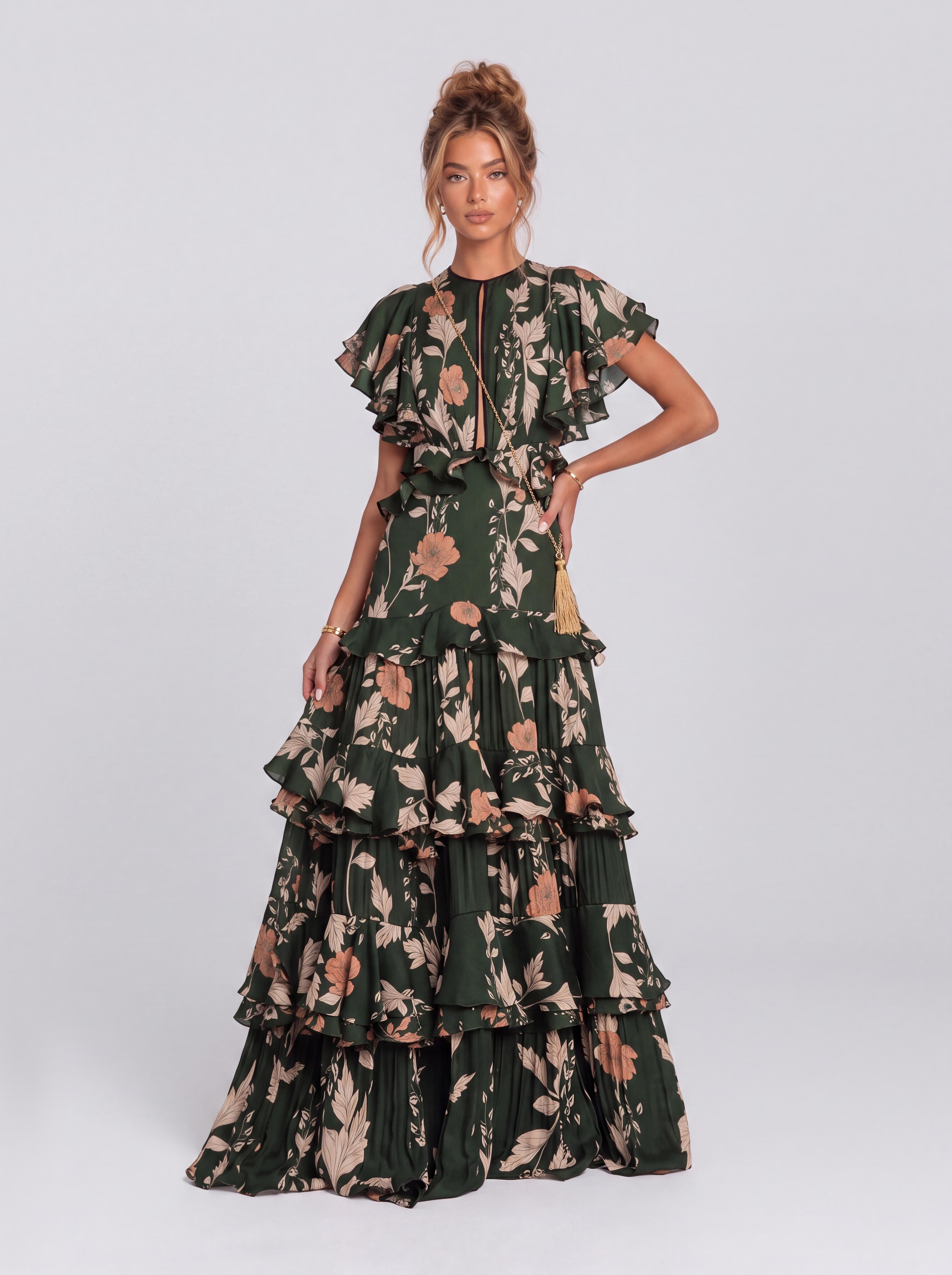 Dark Green Floral Ruffled Waist Layered Long Holiday Dress