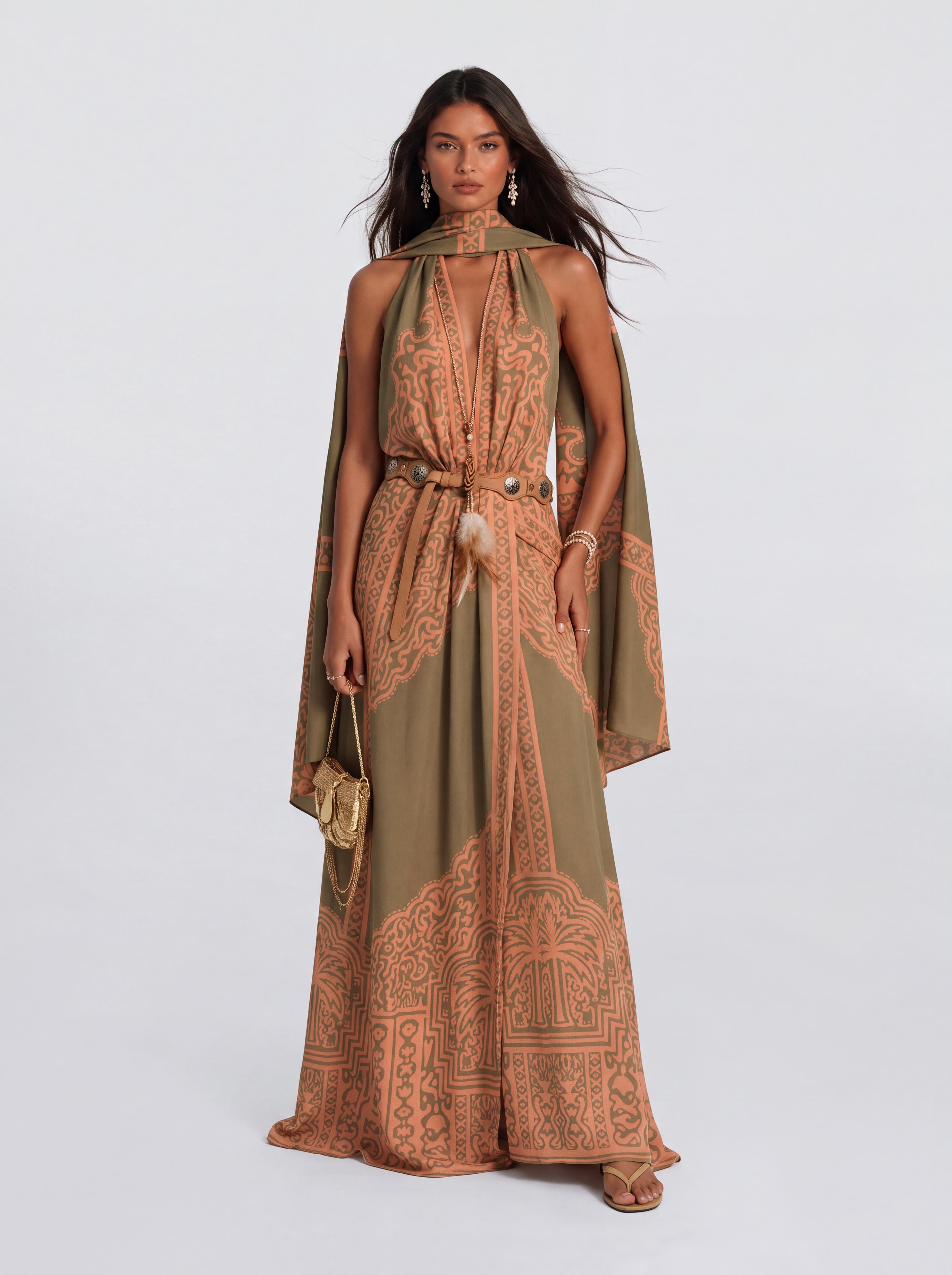 Vintage Ethnic Print Long Dress With Deep V-Shed Neck