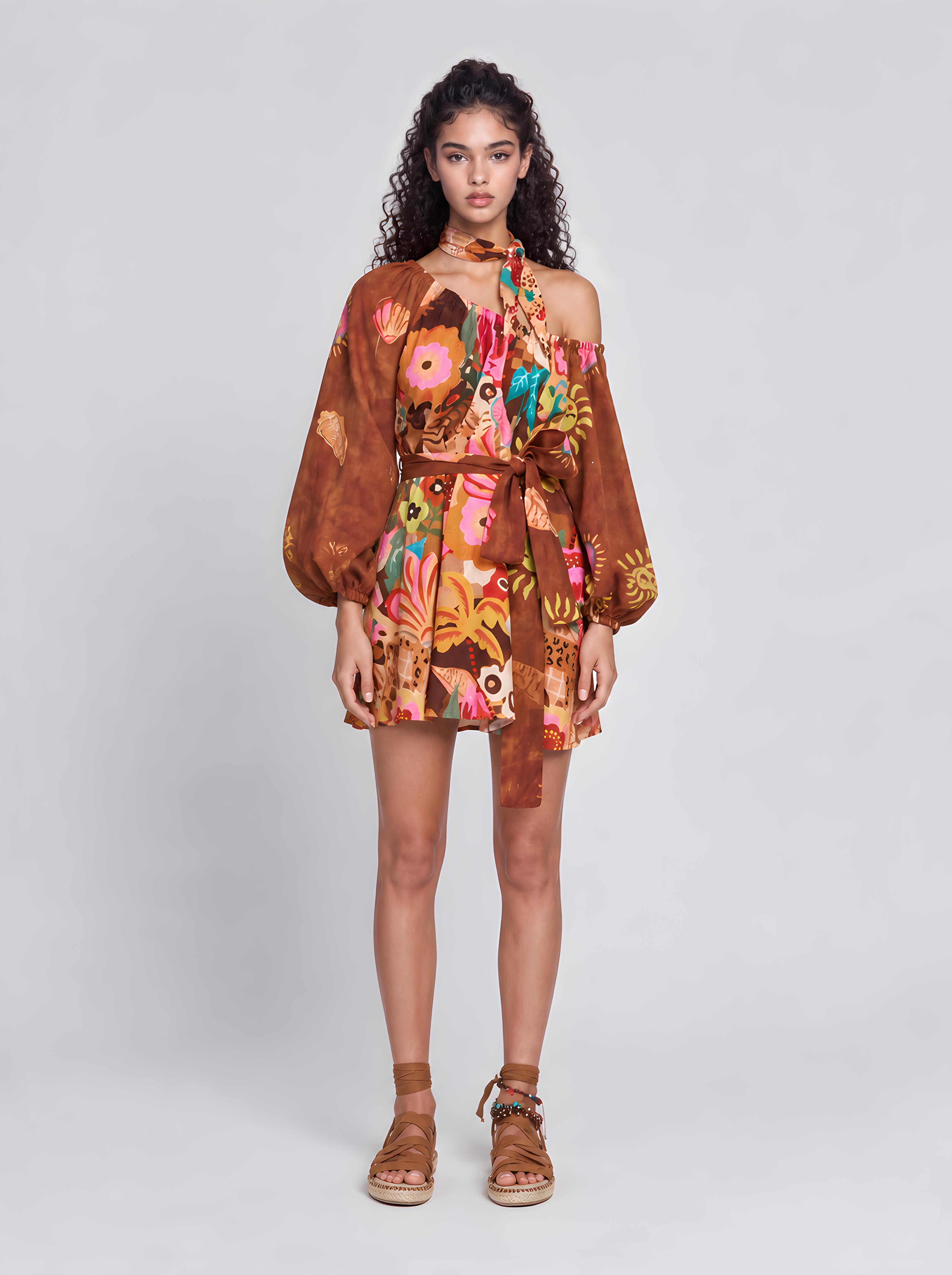 Vintage Fun Sun Floral Print Square Collar Puff Sleeve Tight Short Dress