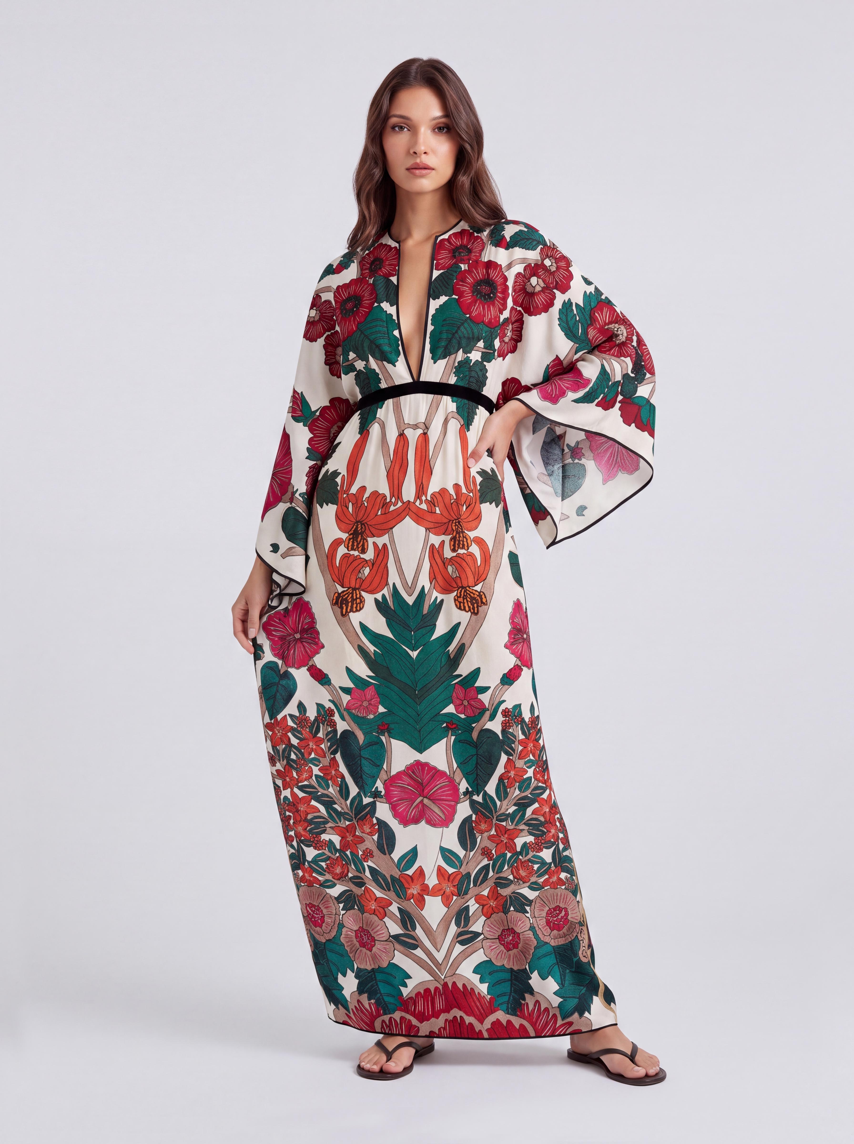 Vintage Large Floral Print Trumpet Sleeve Tight Waist Long Vacation Dress