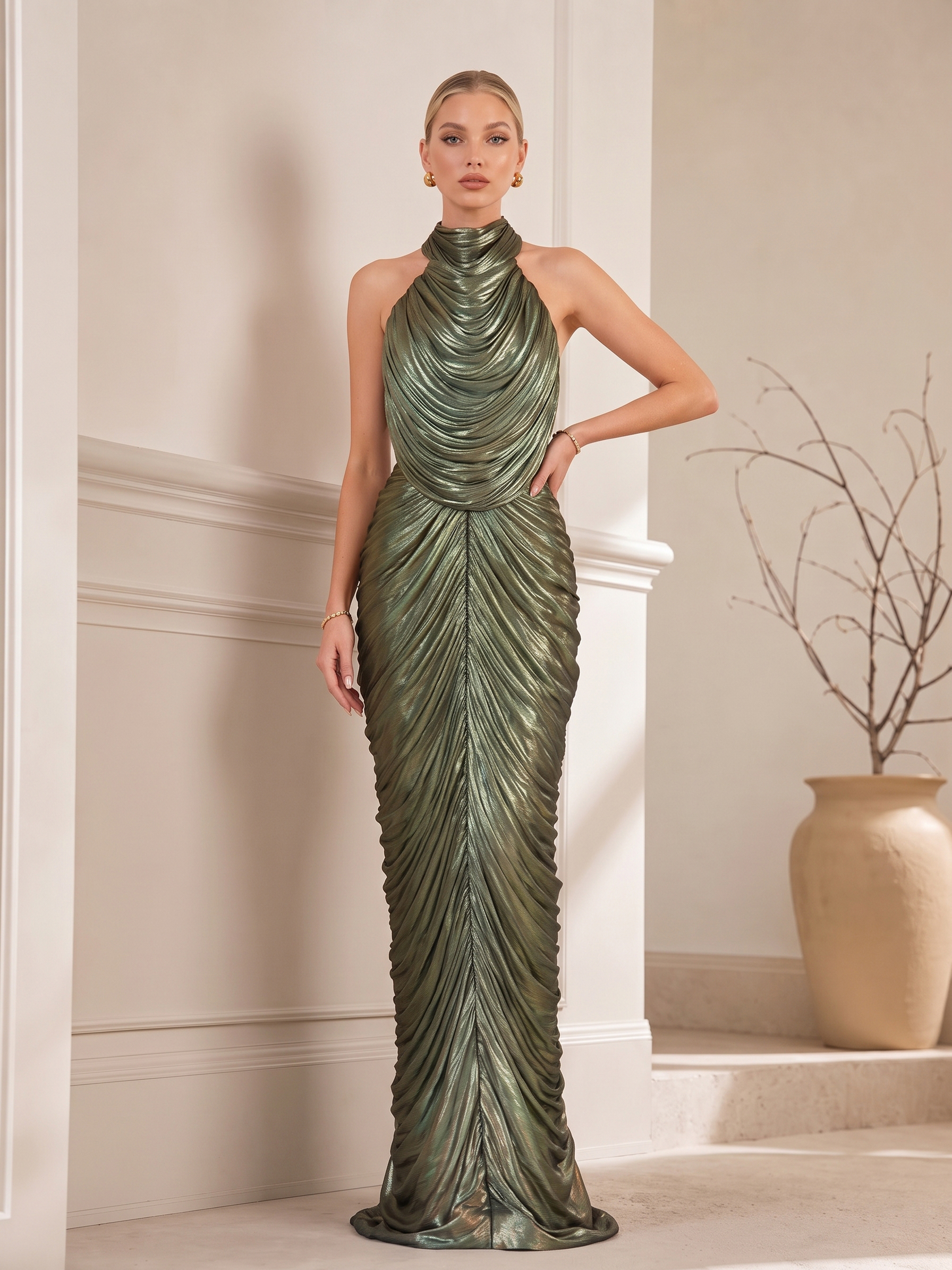 Halter Neck Metallic Pleated Mermaid Evening Gown