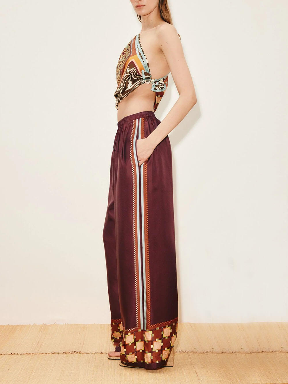 Unique Paisley Color-Block Satin Shirt And Elastic Waist Wide-Leg Pants Set