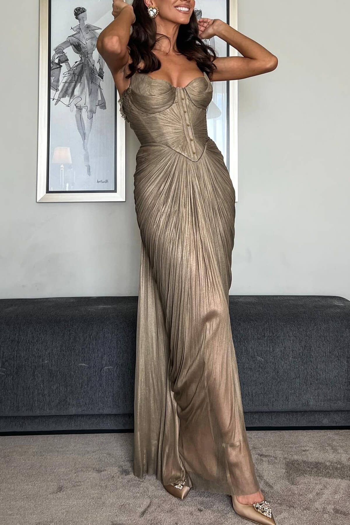 Elegant Pleated Metallic Tie-Waist Party Slit Gown Maxi Dress