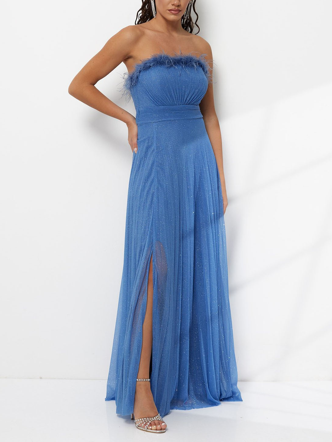 Elegant Feather Trim Shimmer Strapless Maxi Dress