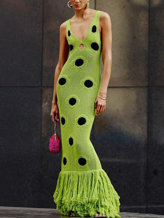 Exquisite Crochet Polka Dot Tassel Maxi Dress