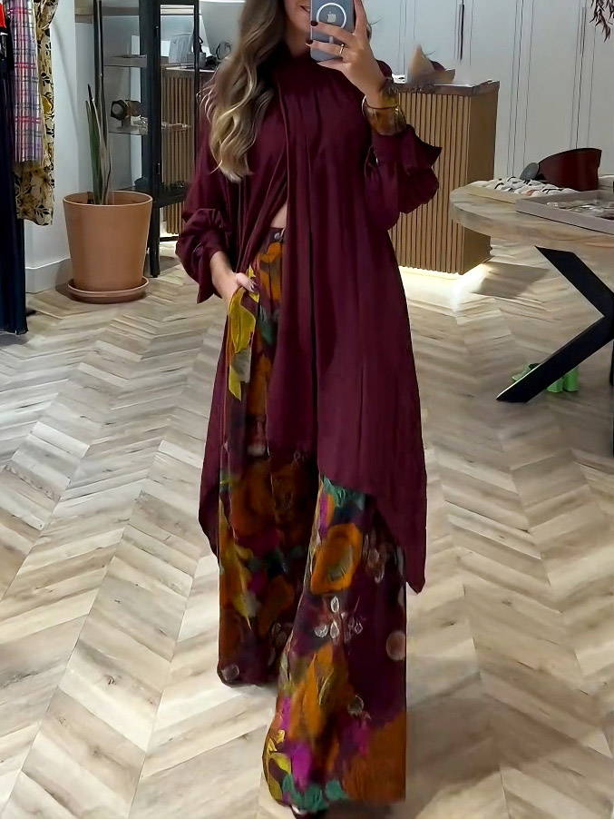 Retro Abstract Floral Print Wide-Leg Pants