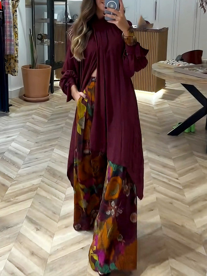 Retro Abstract Floral Print Wide-Leg Pants