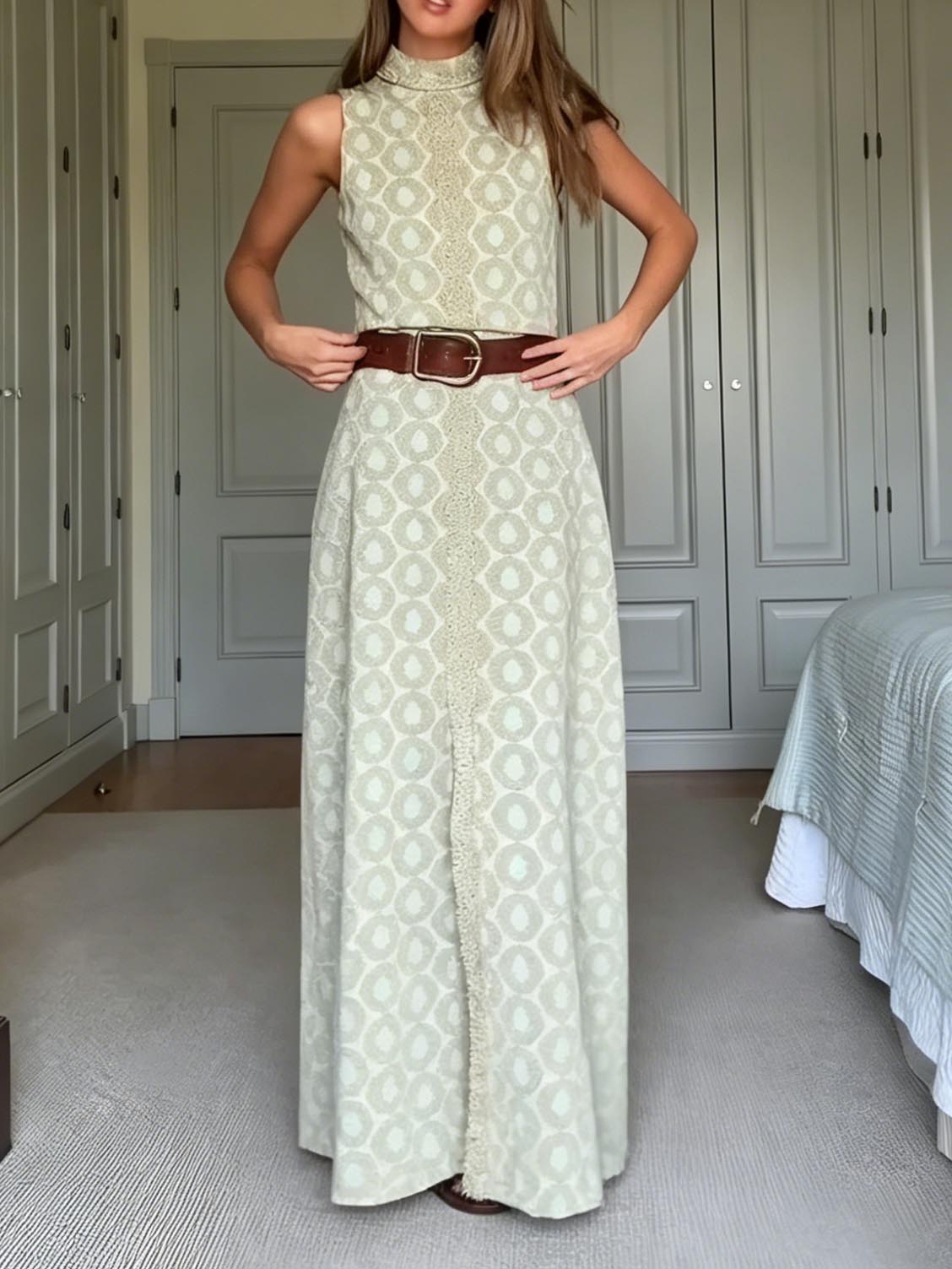 Elegant Geometric Print High Neck Slit Maxi Dress