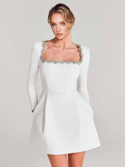 Elegant Square Neck Crystal Embellished Mini Dress