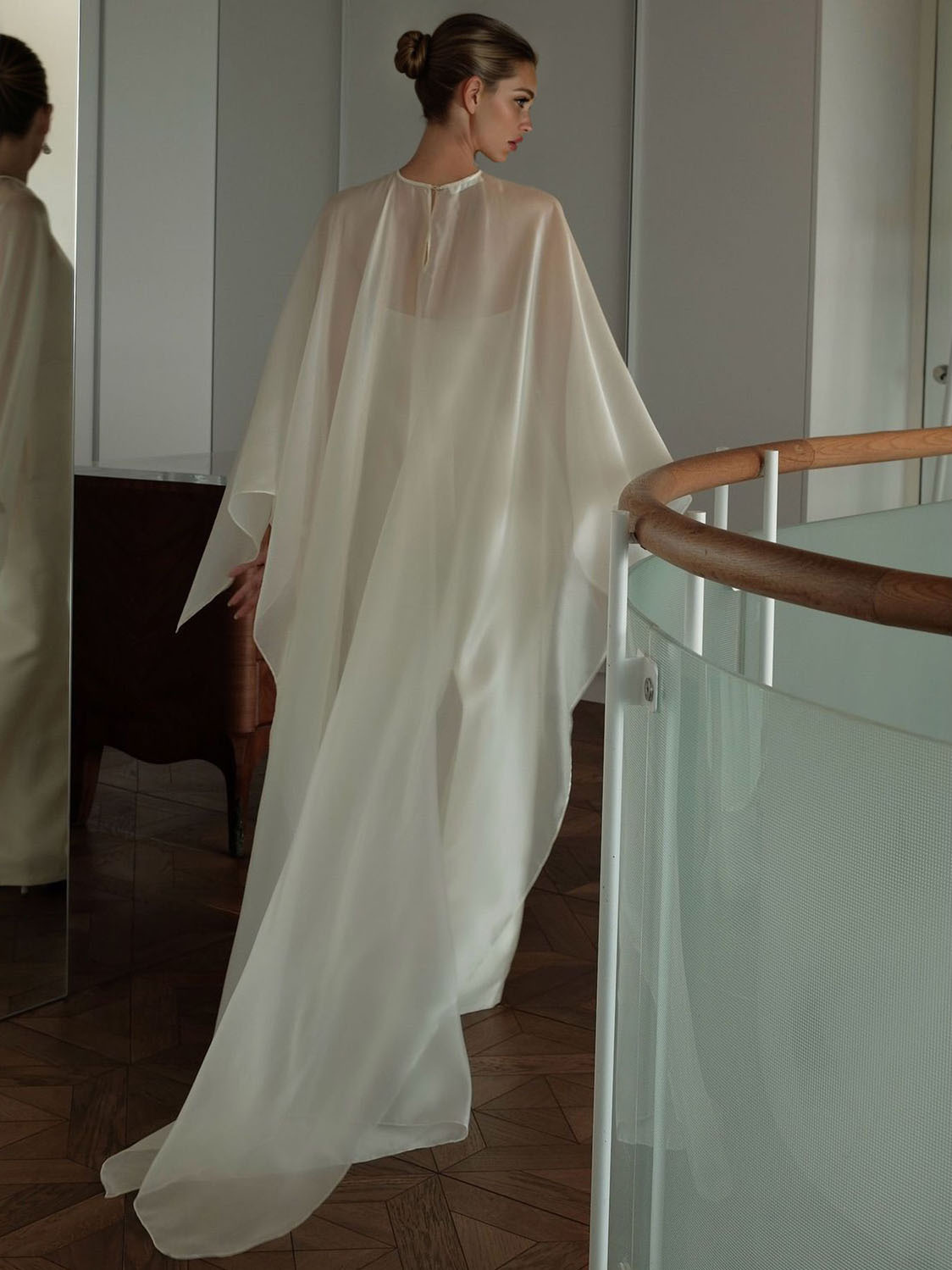 Elegant Sheer Cape Overlay Satin Maxi Dress