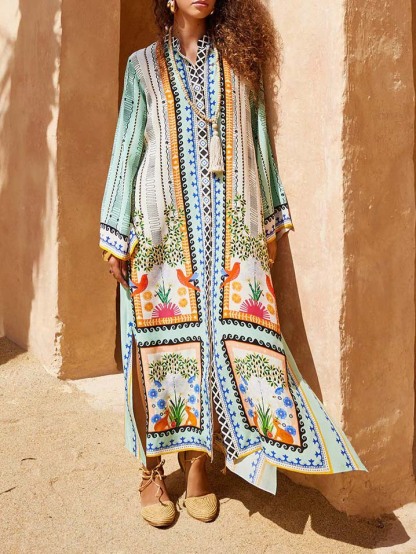 Unique Floral Print Kaftan Maxi Dress