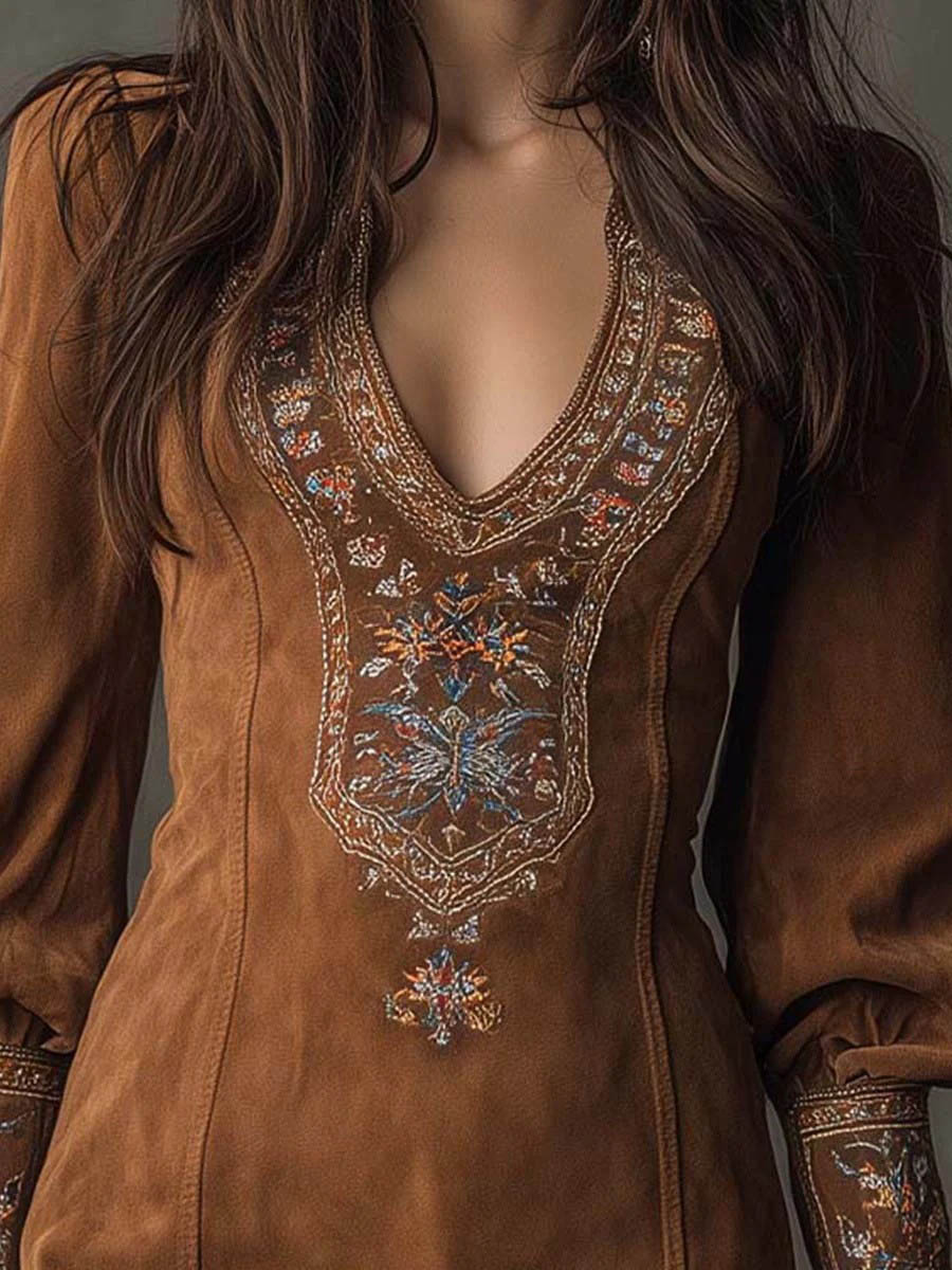 Retro V-neck Embroidered Mini Dress