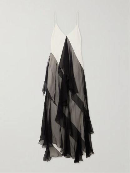 Asymmetrical Ruffled Two-tone Maxi Dress