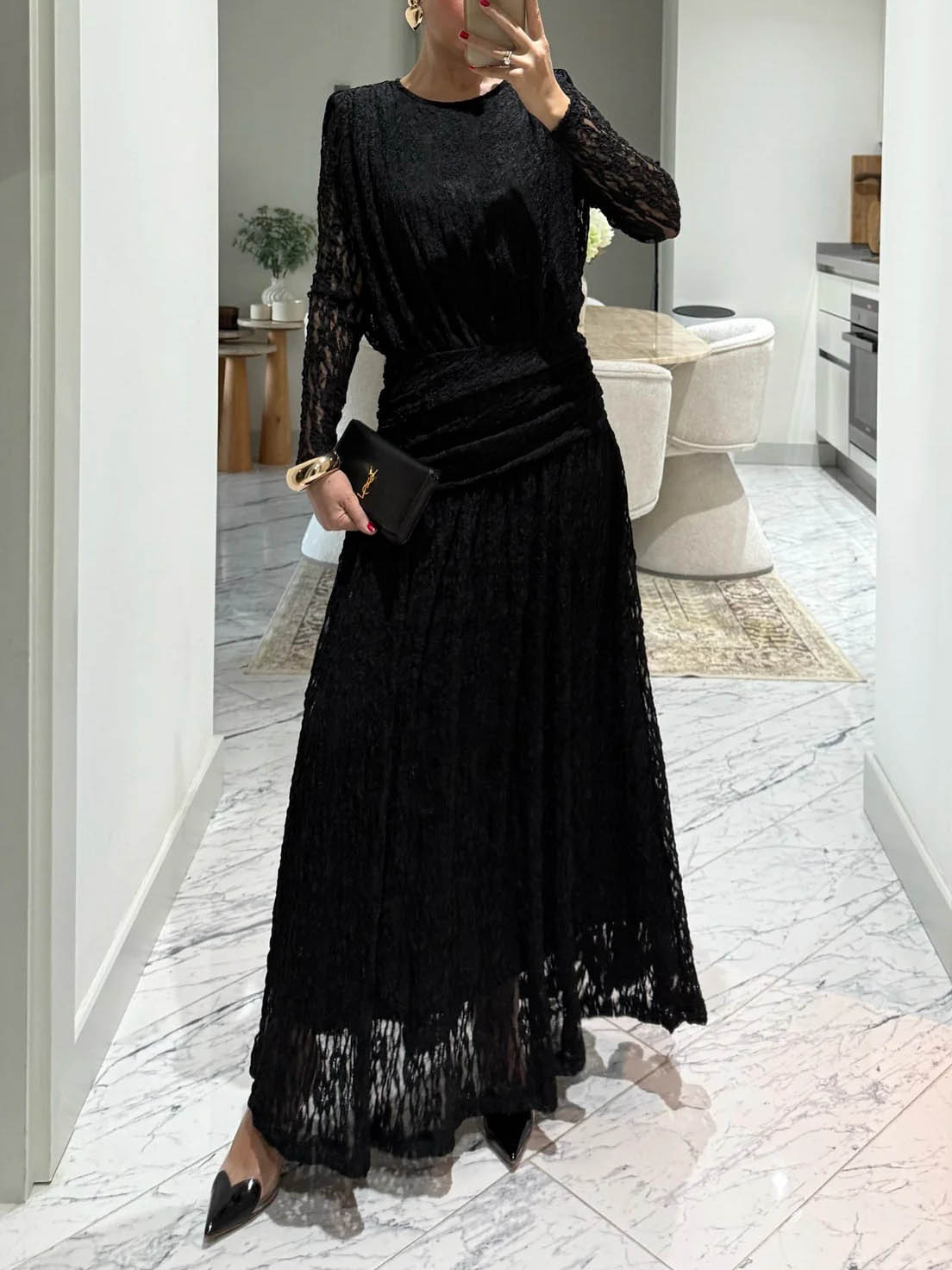 Elegant Long-Sleeve Lace-Textured Maxi Dress