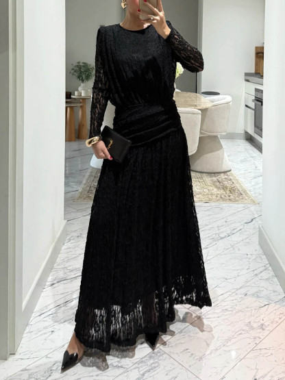 Elegant Long-Sleeve Lace-Textured Maxi Dress