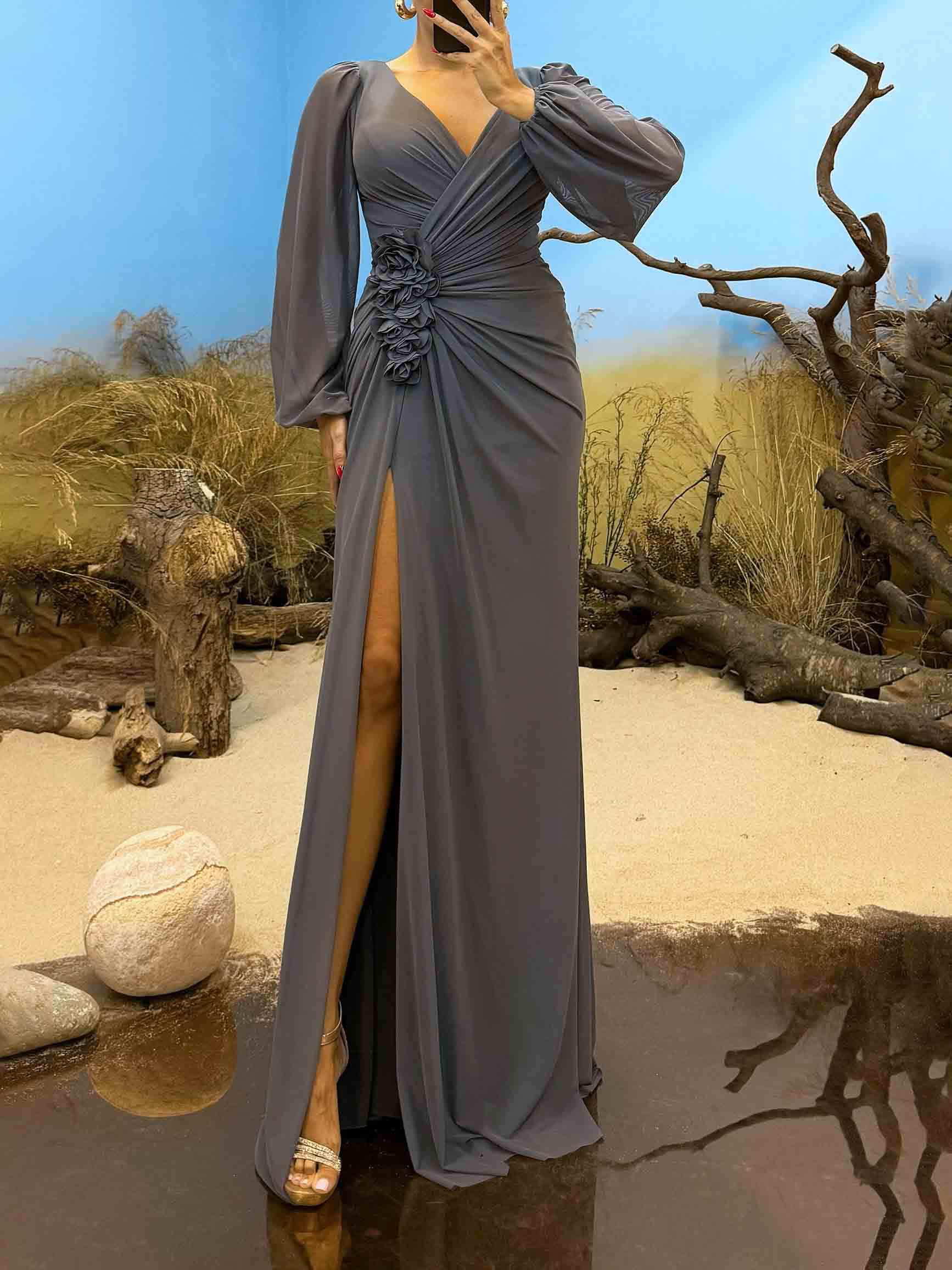 Elegant V-Neck Ruched Floral Slit Maxi Dress