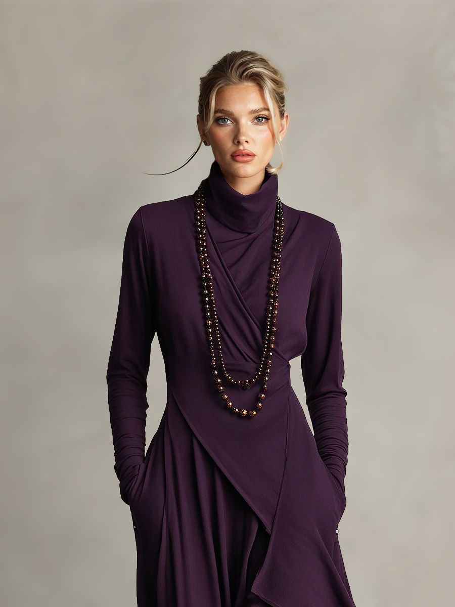 Elegant High-Neck Draped Asymmetrical Maxi Dress