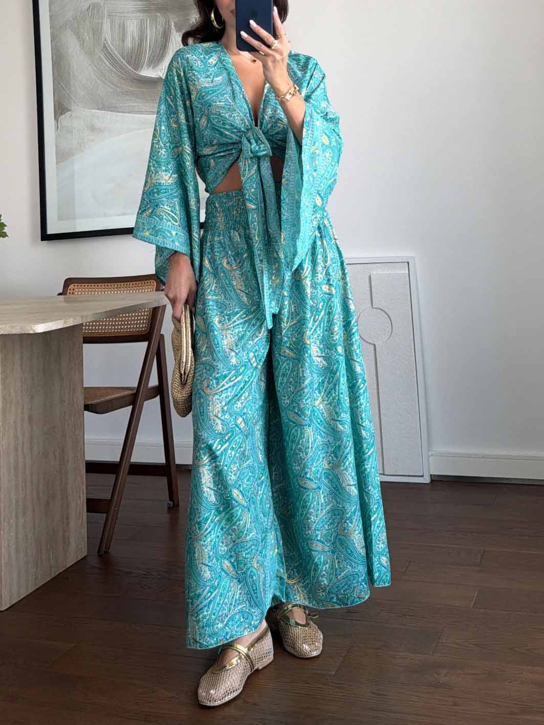 Paisley Print Crop Top & Pants Two-Piece Set