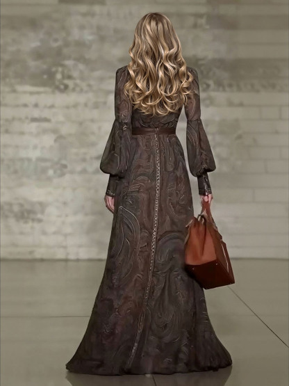 Retro Paisley Print Zipper Maxi Dress