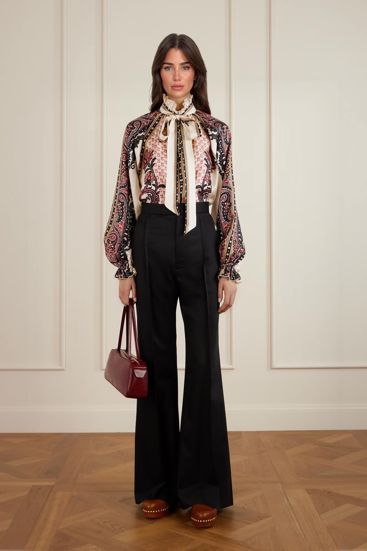 Exquisite Bow Ruffle Floral Printed Satin Twill Blouse