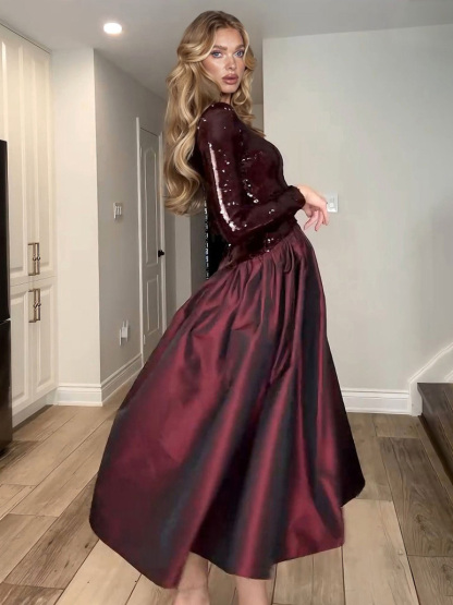 Elegant Sequined High-neck Party Midi Dress