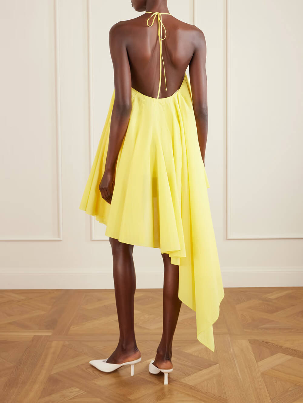 Elegant Yellow Asymmetrical Chiffon Crepe Halterneck Mini Dress