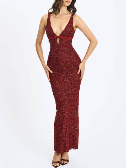 Festival Exquisite Sequin Beaded Mesh Bow-Detail Cut-Out Slit Maxi Dress