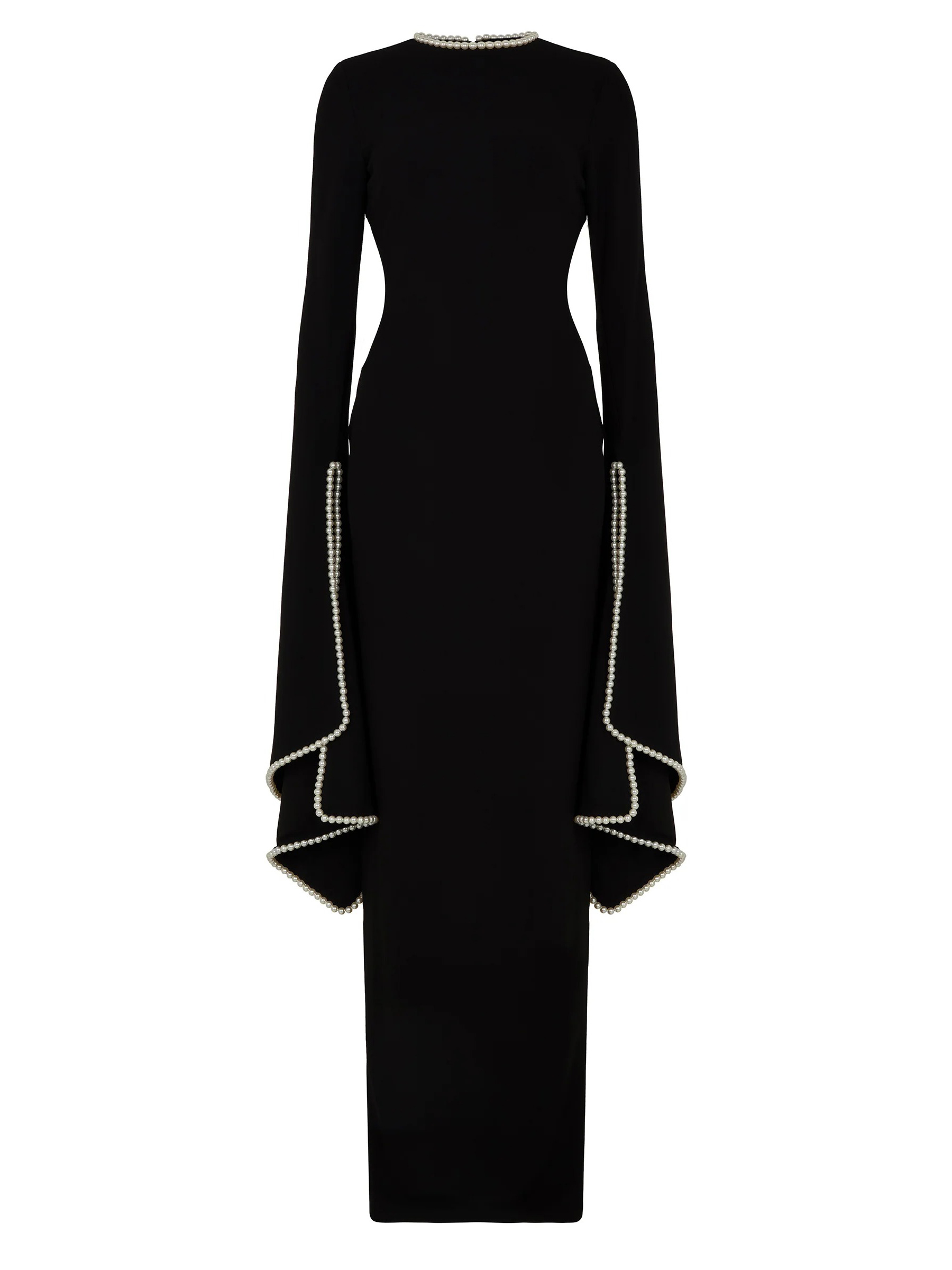 Elegant Pearl-trimmed Flared-sleeve Maxi Dress