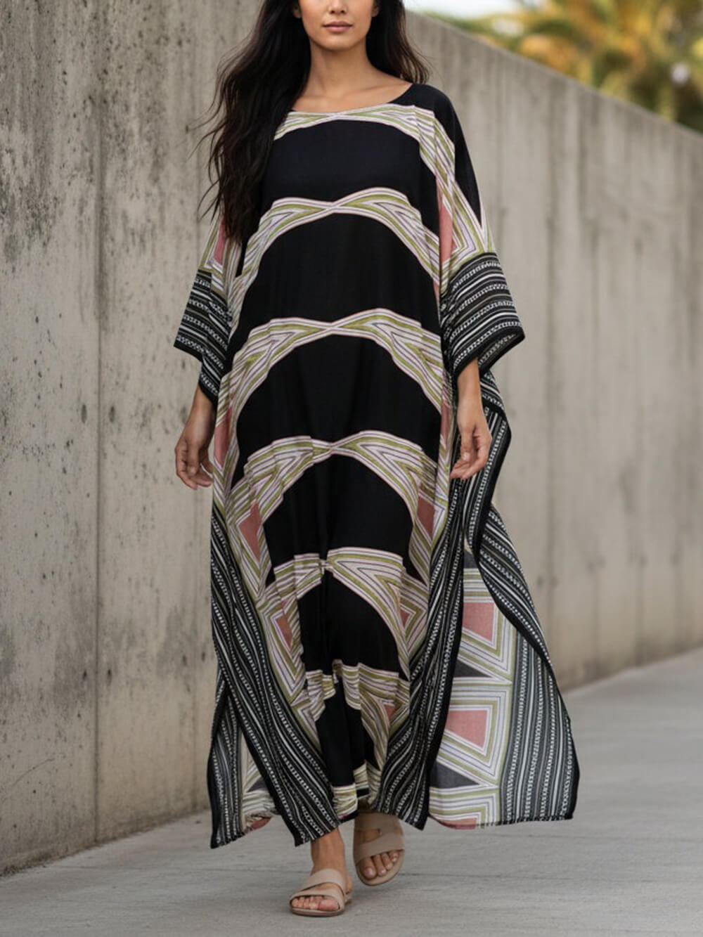 Retro Puzzle Print Kimono Beach Maxi Dress