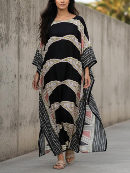 Retro Puzzle Print Kimono Beach Maxi Dress