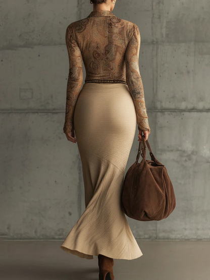 Retro Print Top And Skirt Two-piece Set