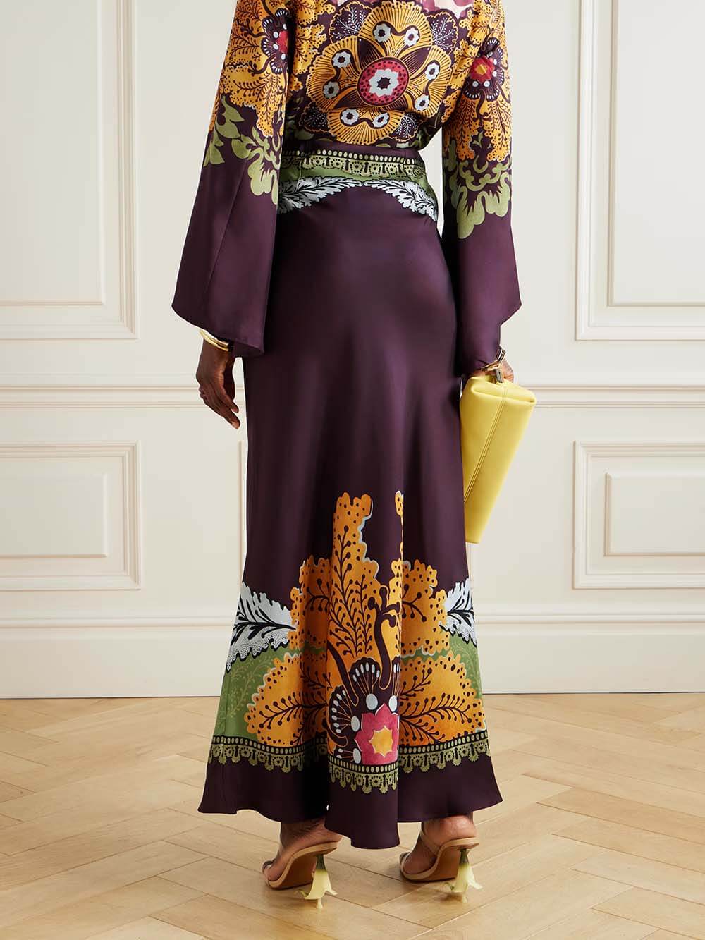 Retro Ethnic Print Satin Twill Maxi Skirt