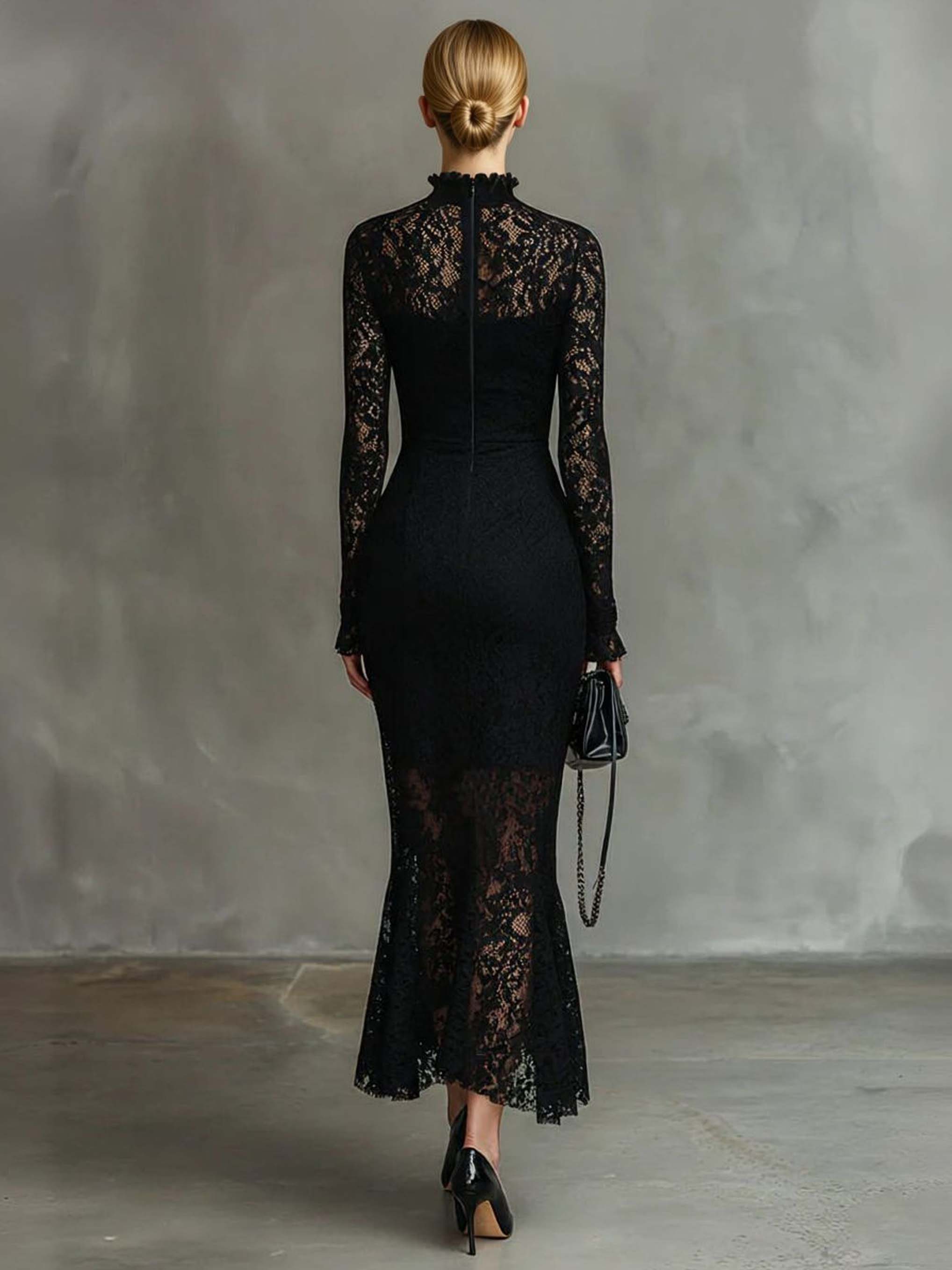 Exquisite High-neck Lace Fishtail Maxi Dress