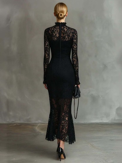 Exquisite High-neck Lace Fishtail Maxi Dress
