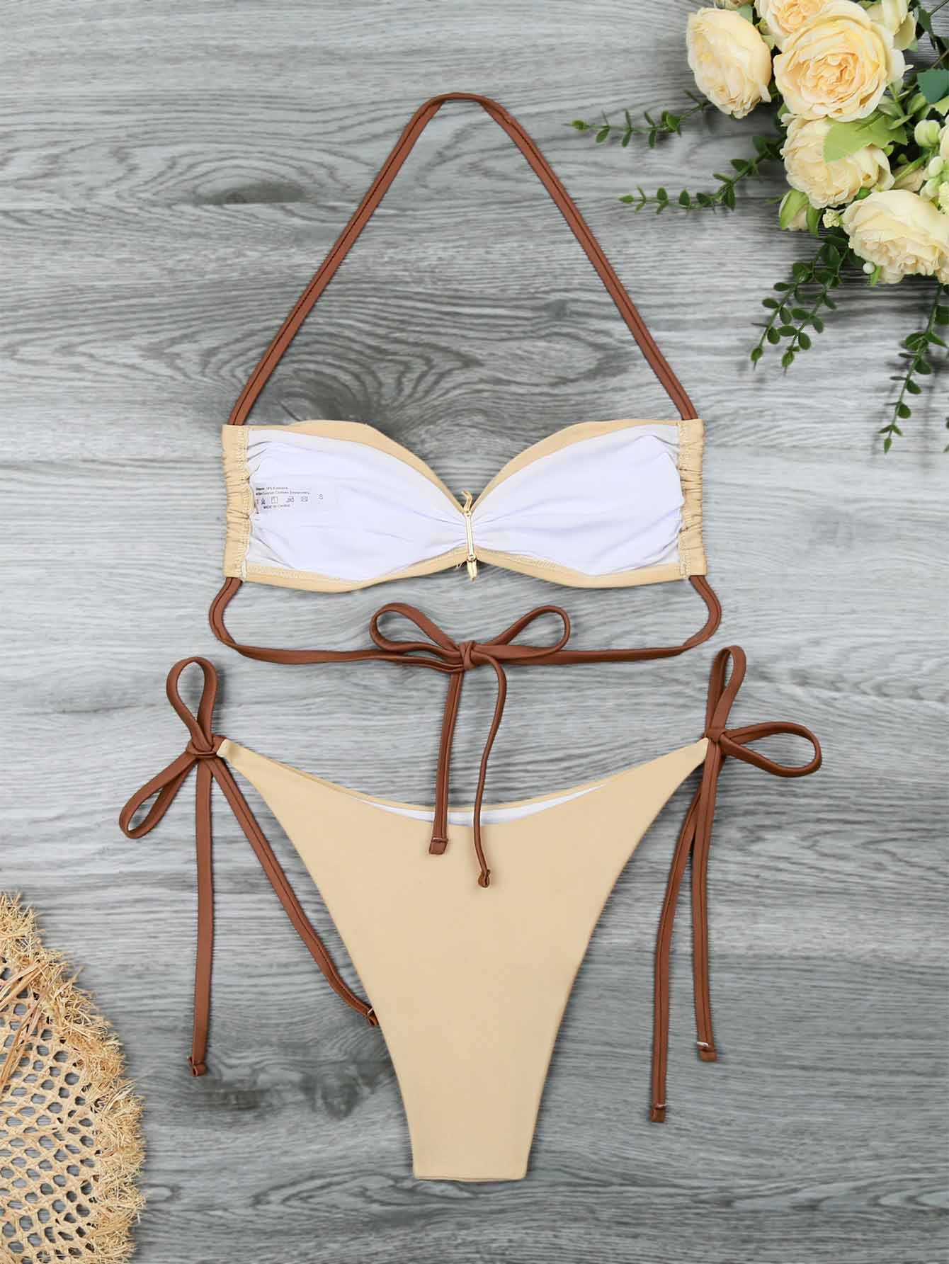 Halter Tie Contrast Trim Triangle Bikini Set