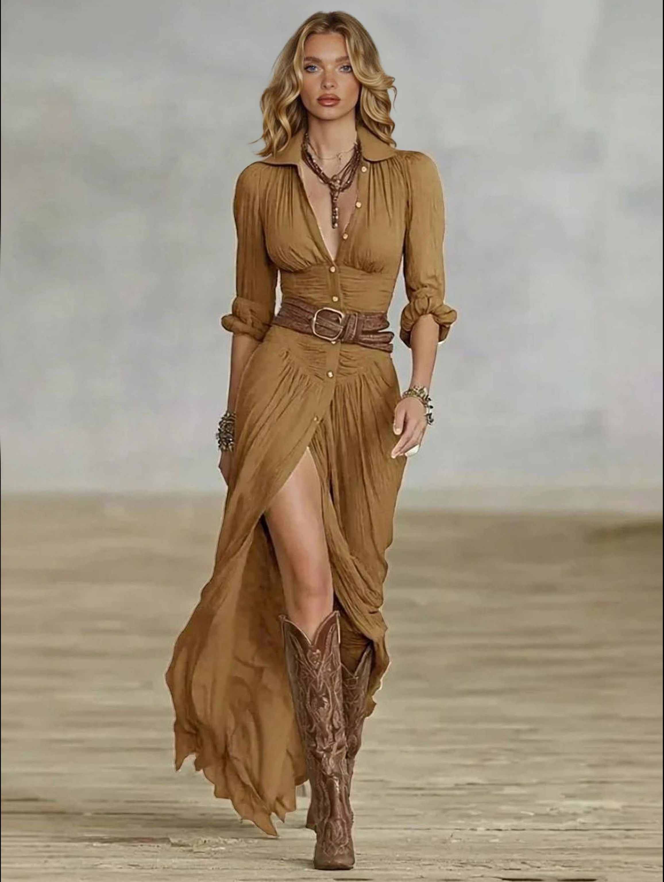 Casual Shirt Collar Hemie Style Button Maxi Dress