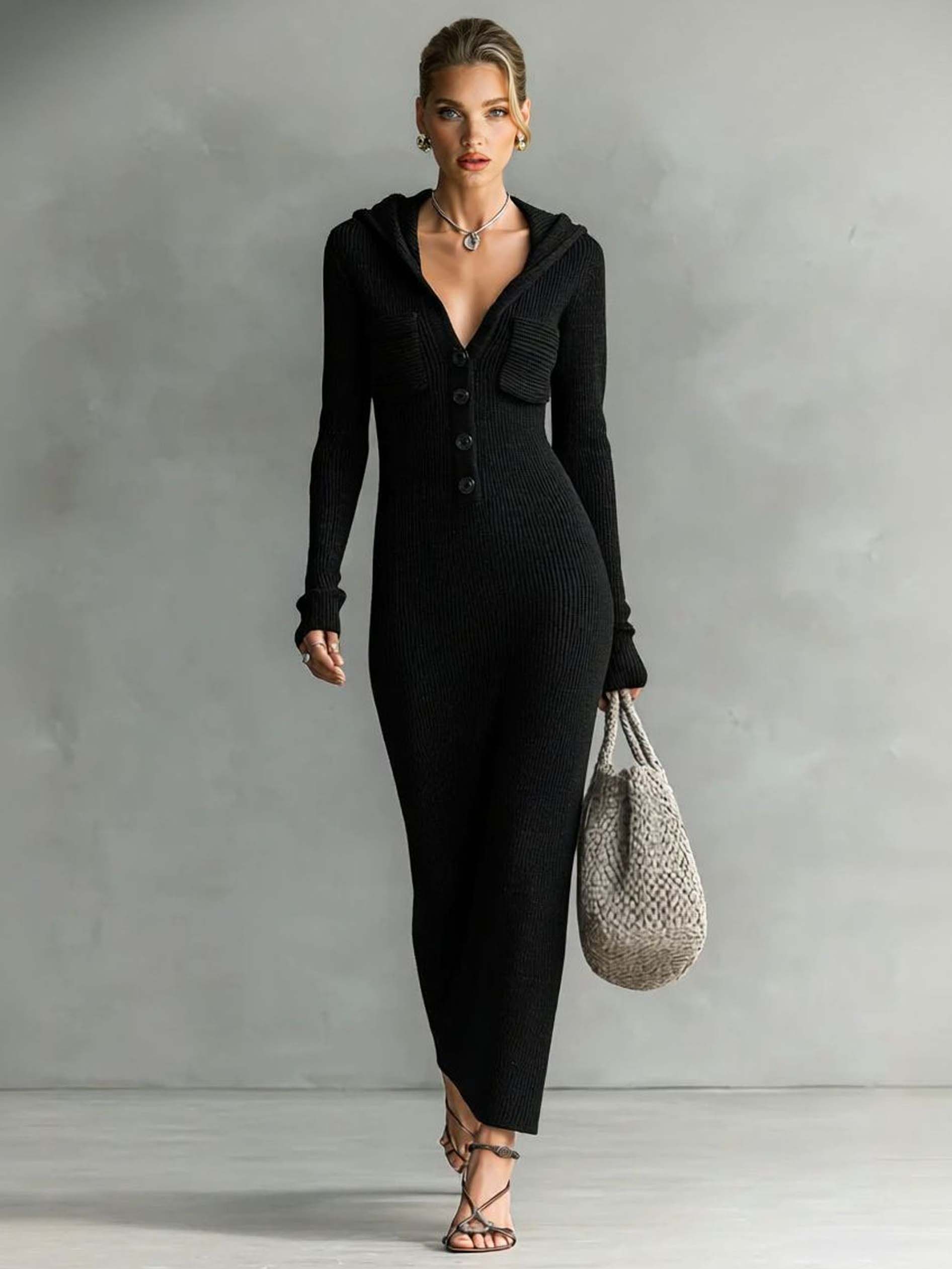 Casual Hooded Knitted Slim-fit Maxi Dress