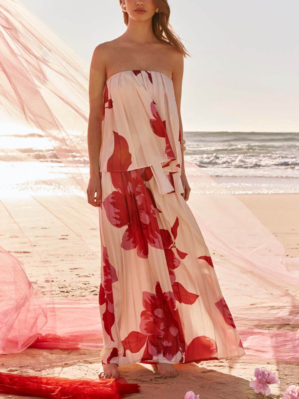 Elegant Printed Satin Ruched Strapless Top