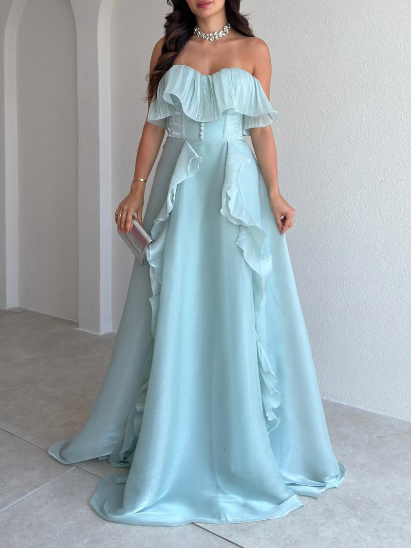 Elegant Strapless Ruffle High Slit Corset Maxi Dress