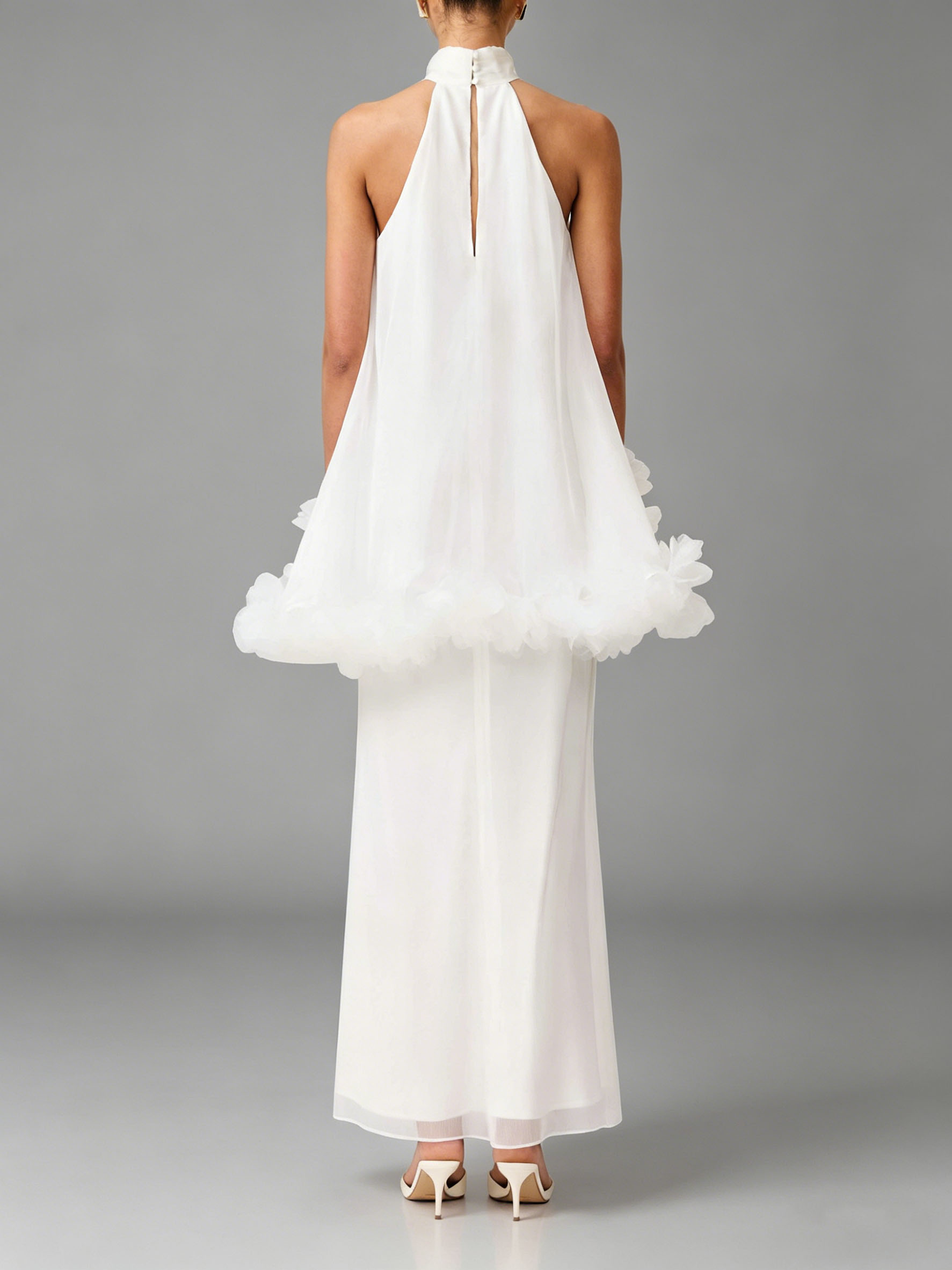 Clear Ruffled Floral Applied Chiffon Maxi Dress