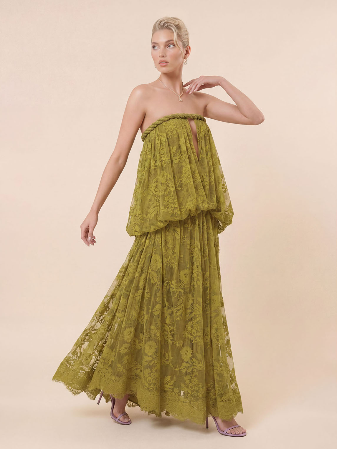 Elegant Strapless Lace Flowy Maxi Dress