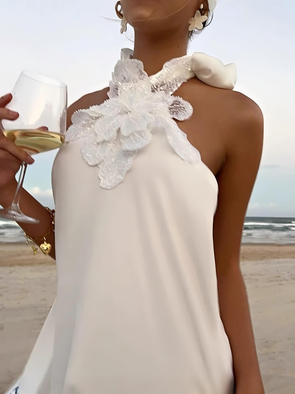 Retro Floral Crochet Satin Halter Backless Tie Maxi Dress