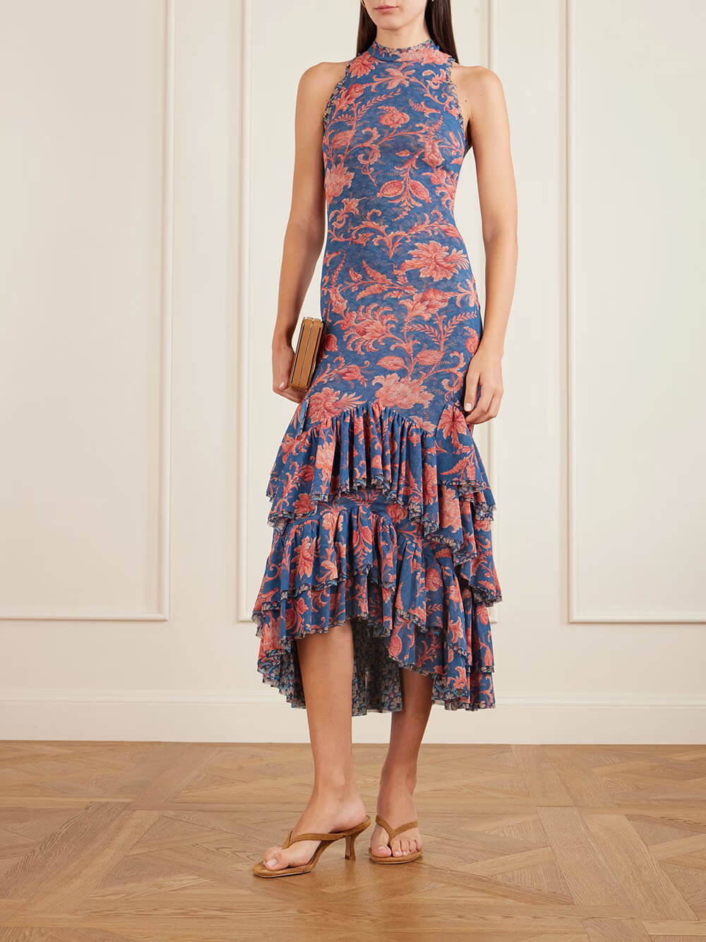 Fashionable Ruffled Paisley Print Tulle Midi Dress