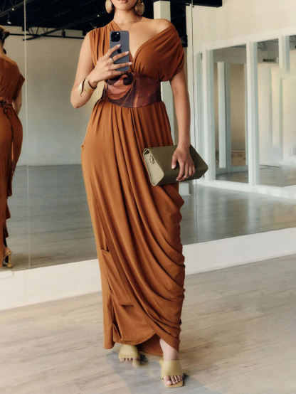 Elegant Retro Waist Printed Knitted Draped Maxi Dress