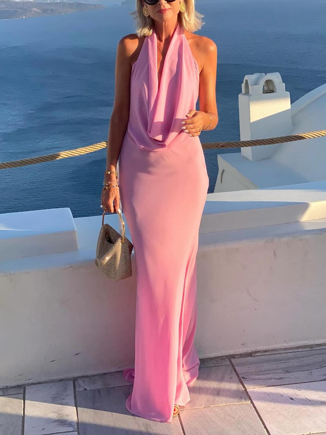 Elegant Draped Halterneck Backless Maxi Dress