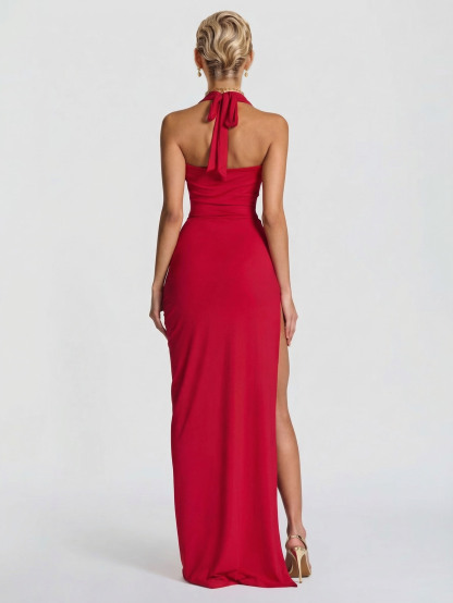 Sexy Sleeveless Ruched High-Slit Maxi Dress