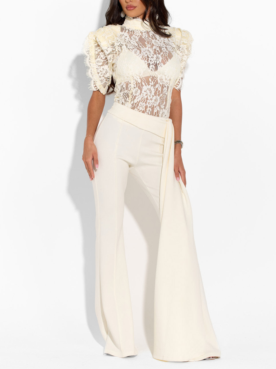 Elegant Lace High-Neck Top & Wide-Leg Pants Two-Piece Set