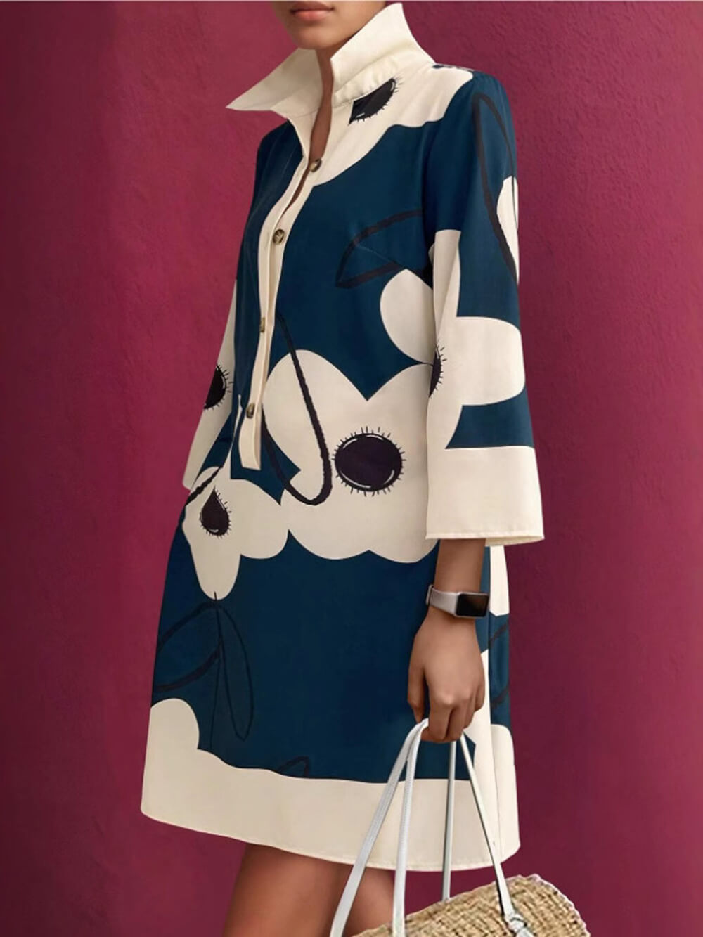 Elegant Printed Loose-Fitting 3/4 Sleeve Mini Dress